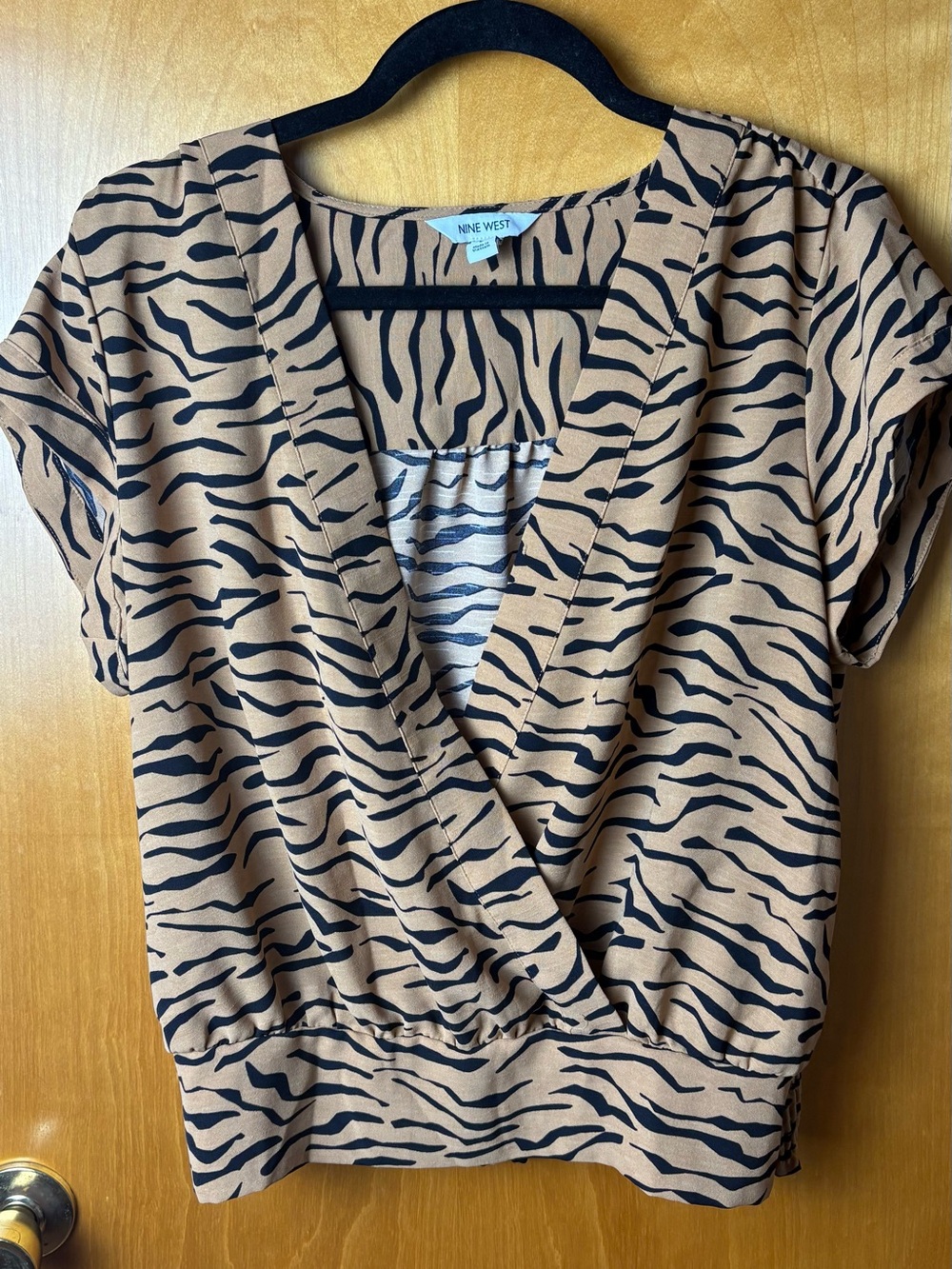 Nine West Tan and Black Zebra-Print Wrap Blouse